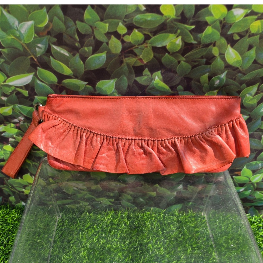 Hobo International Orange Red Ruffle Leather Wristlet Clutch Bag